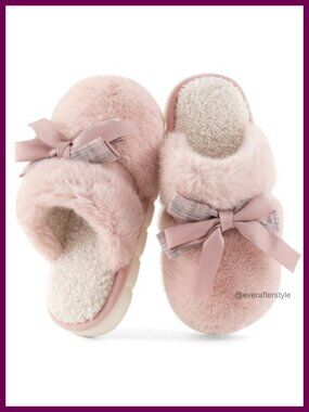 Fuzzy Memory Foam Slippers with Bow Design, Plush Lined House Shoes